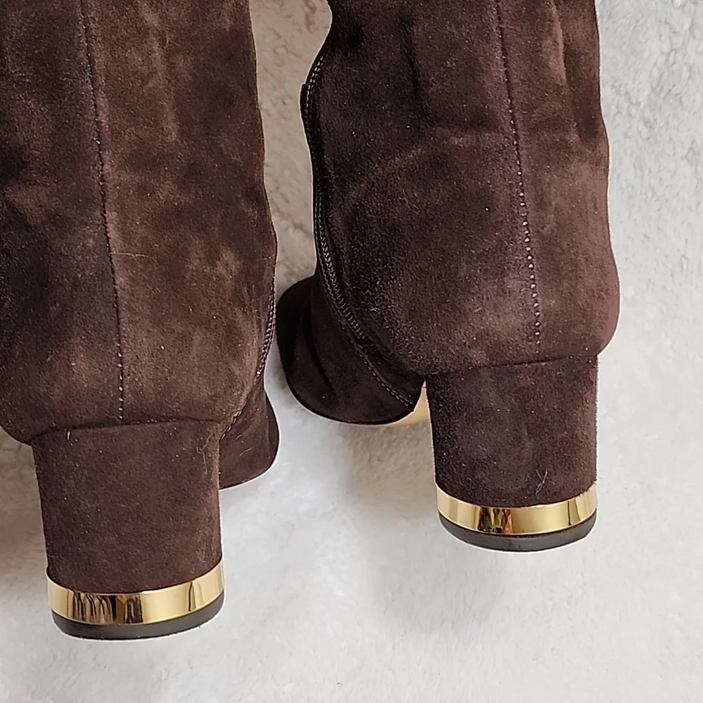 Tory Burch Uma Brown Genuine Suede Knee High Full Zip Trim Riding Boots Sz 7 - Picture 15 of 16